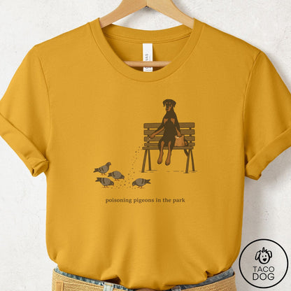 Doberman Pigeons in the Park T-Shirt Mustard Taco-Dog