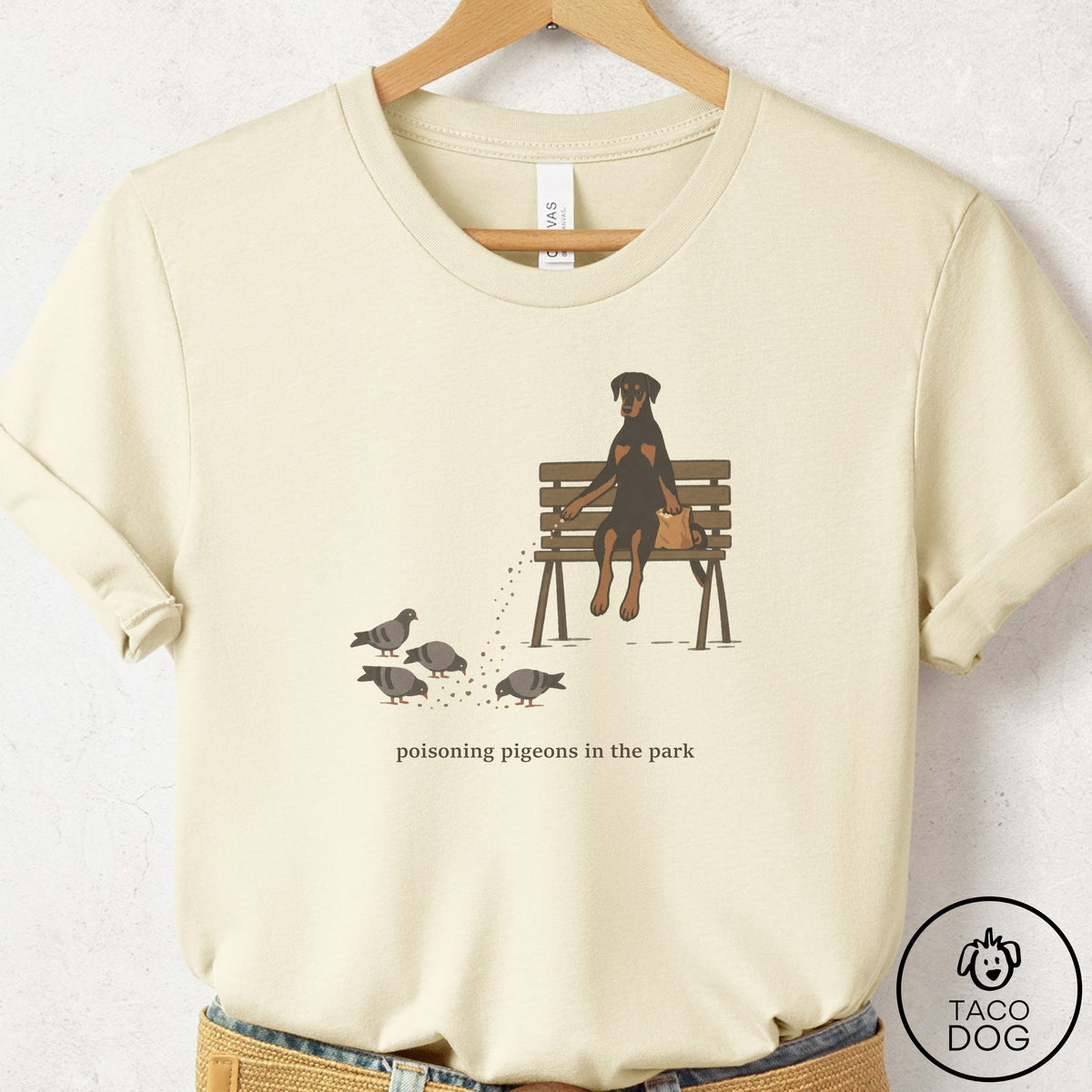 Doberman Pigeons in the Park T-Shirt Natural Taco-Dog