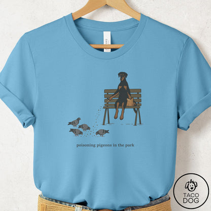 Doberman Pigeons in the Park T-Shirt Ocean Blue Taco-Dog