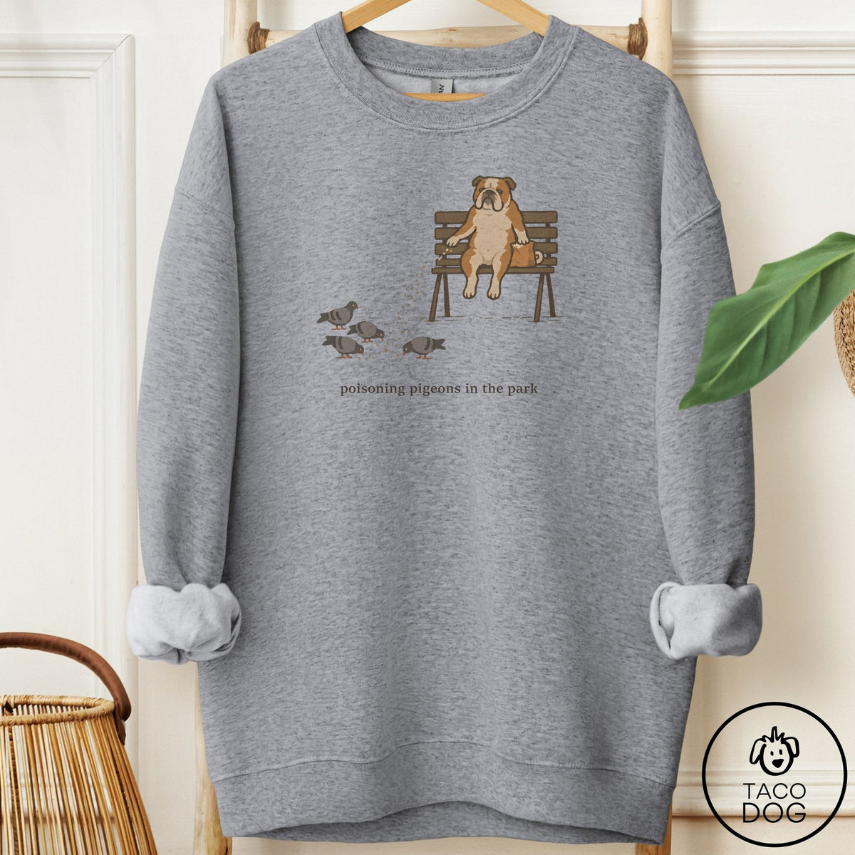 English Bulldog Pigeons in the Park Sweatshirt Graphite Heather Taco-Dog