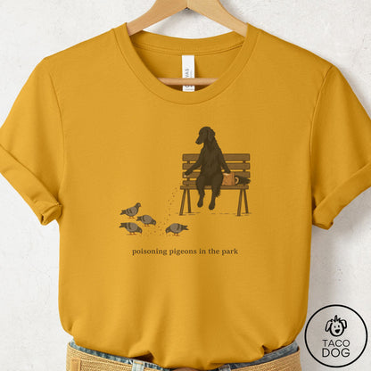 Flat-Coated Retriever Pigeons in the Park T-Shirt Mustard Taco-Dog