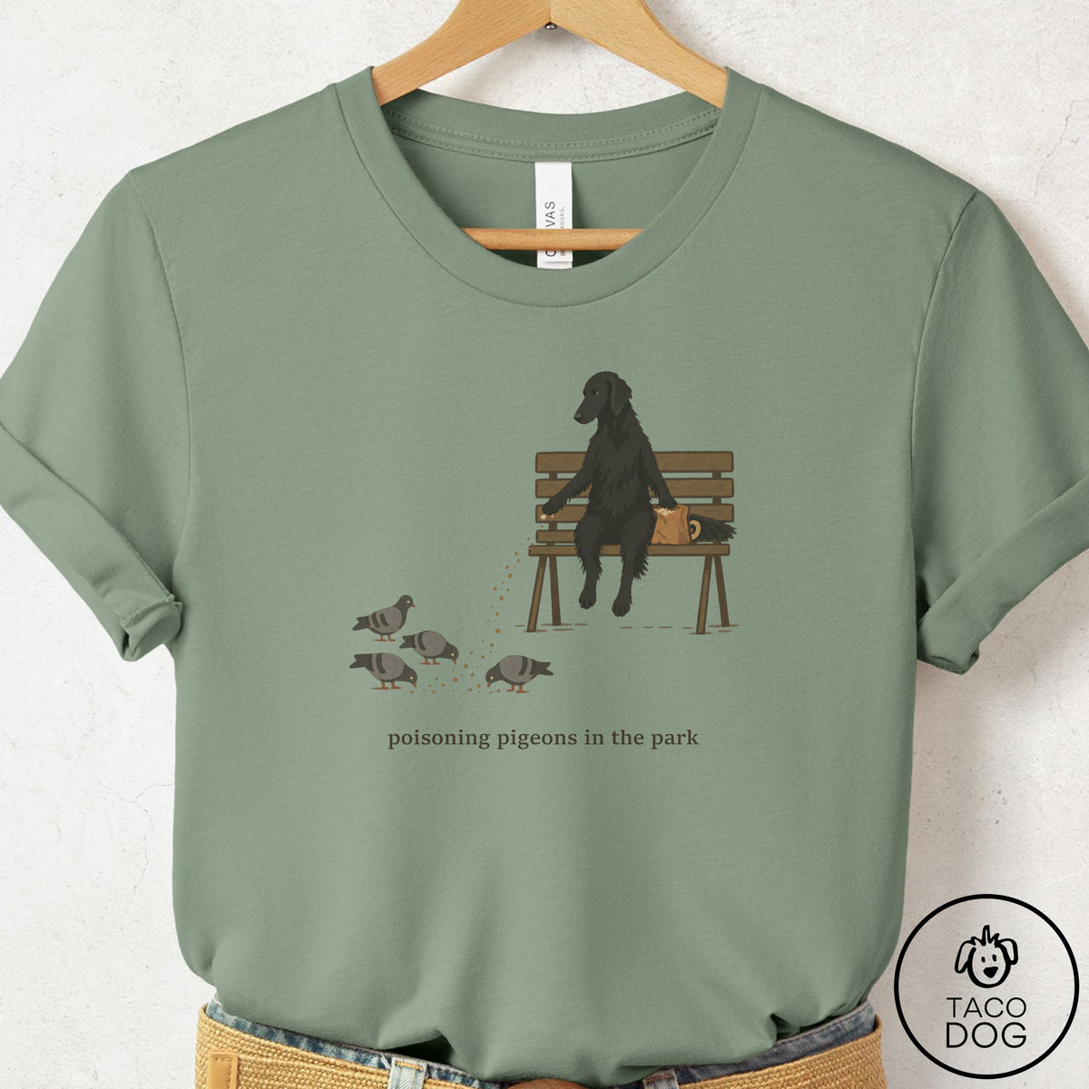 Flat-Coated Retriever Pigeons in the Park T-Shirt Sage Taco-Dog
