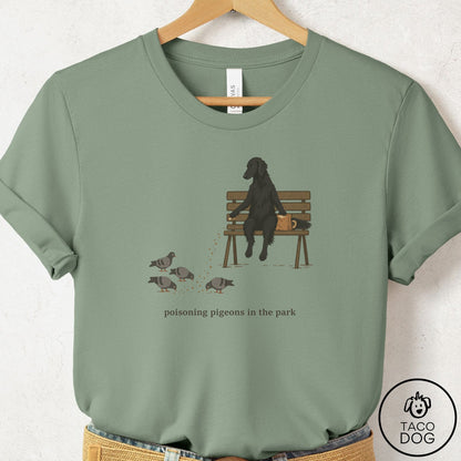 Flat-Coated Retriever Pigeons in the Park T-Shirt Sage Taco-Dog