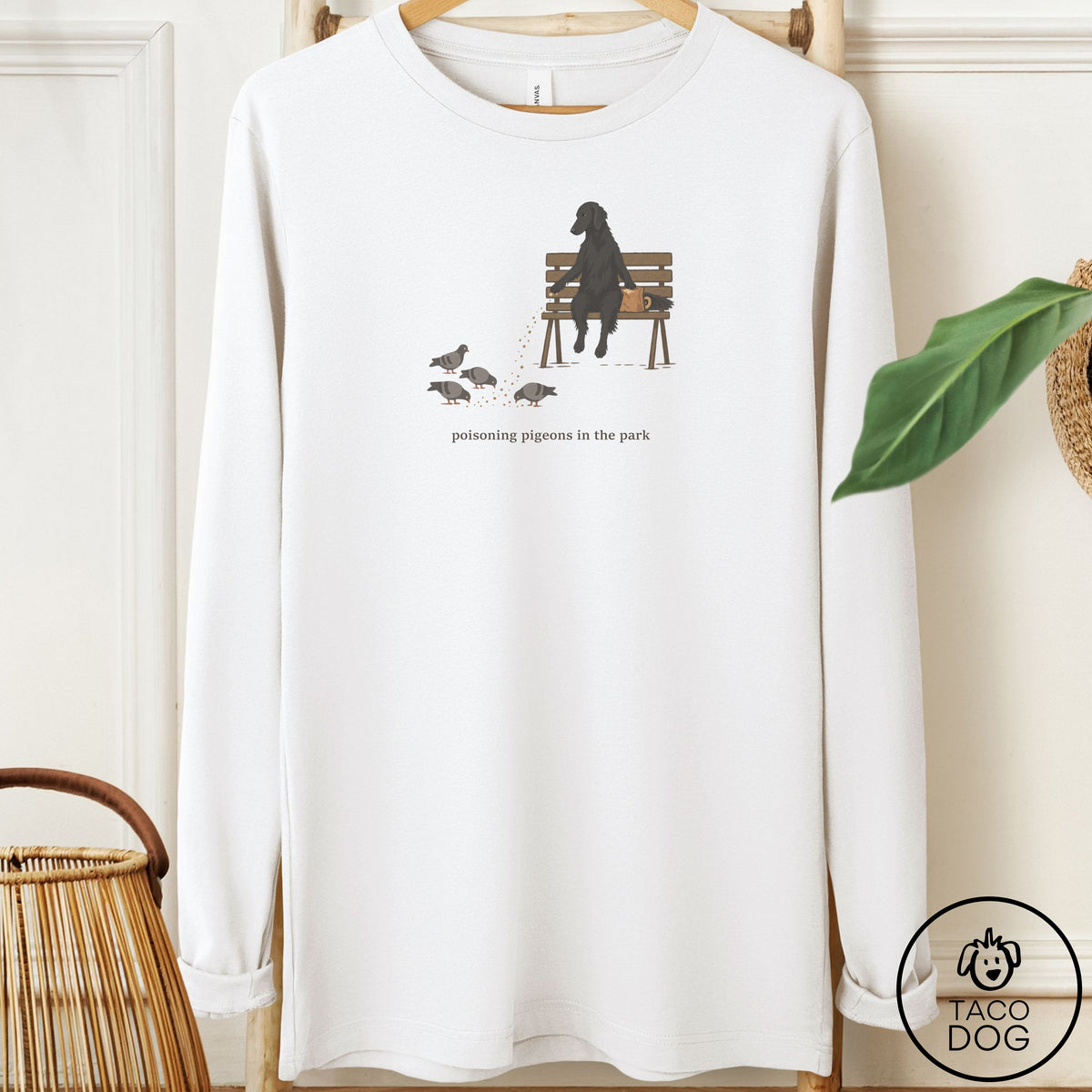 Flat-Coated Retriever Pigeons in the Park Long Sleeve Tee White Taco-Dog