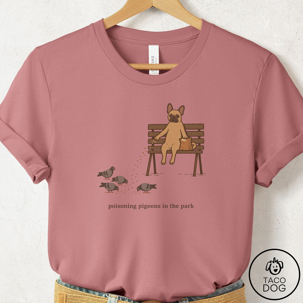 French Bulldog Frenchie Pigeons in the Park T-Shirt Mauve Taco-Dog