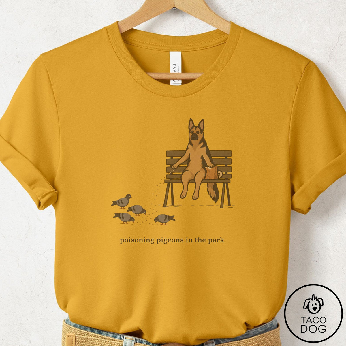 German Shepherd Pigeons in the Park T-Shirt Mustard Taco-Dog