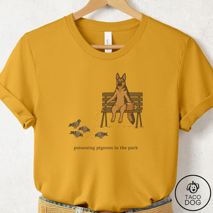 German Shepherd Pigeons in the Park T-Shirt Mustard Taco-Dog