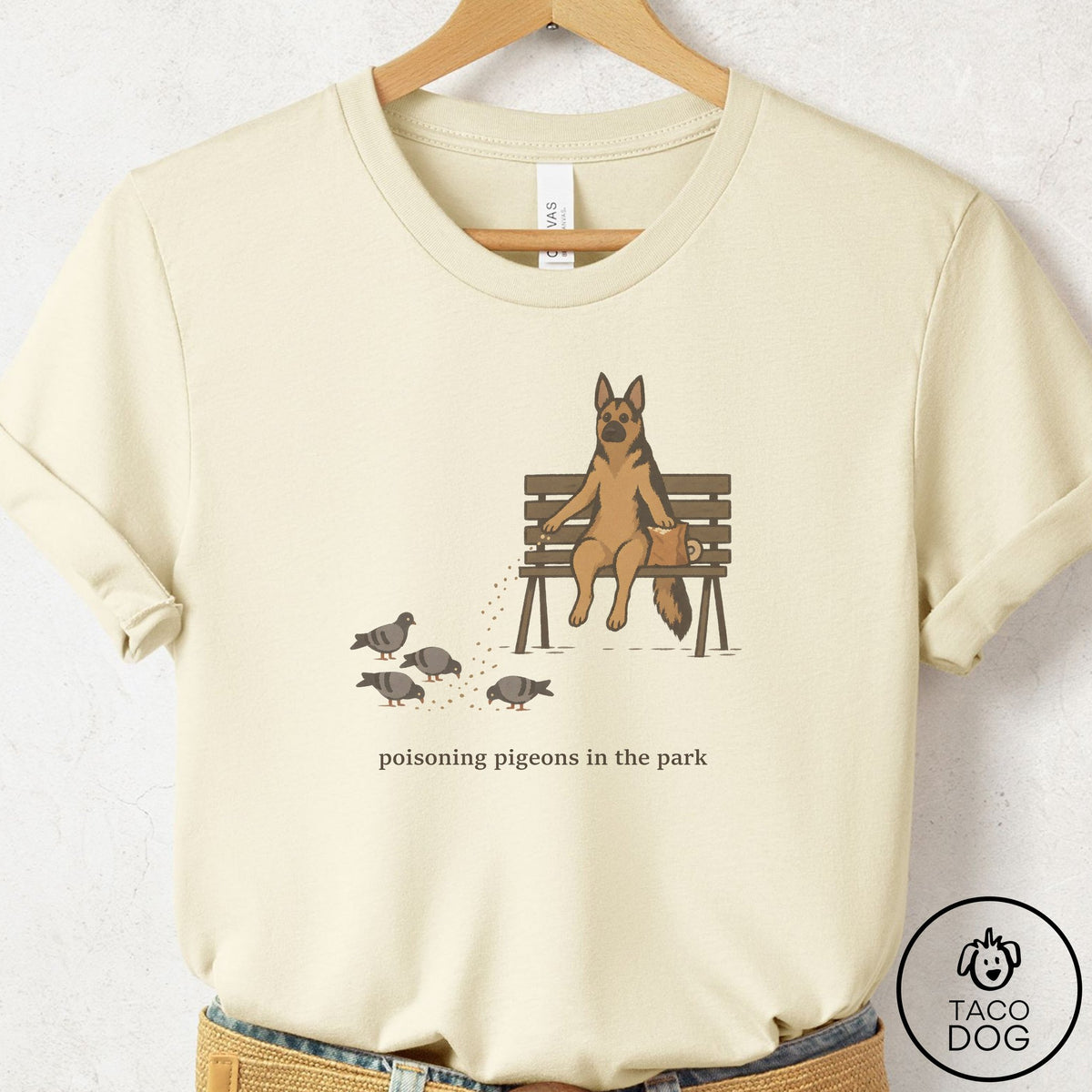 German Shepherd Pigeons in the Park T-Shirt Natural Taco-Dog