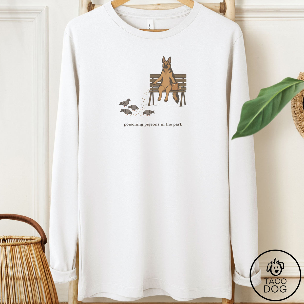 German Shepherd Pigeons in the Park Long Sleeve Tee White Taco-Dog