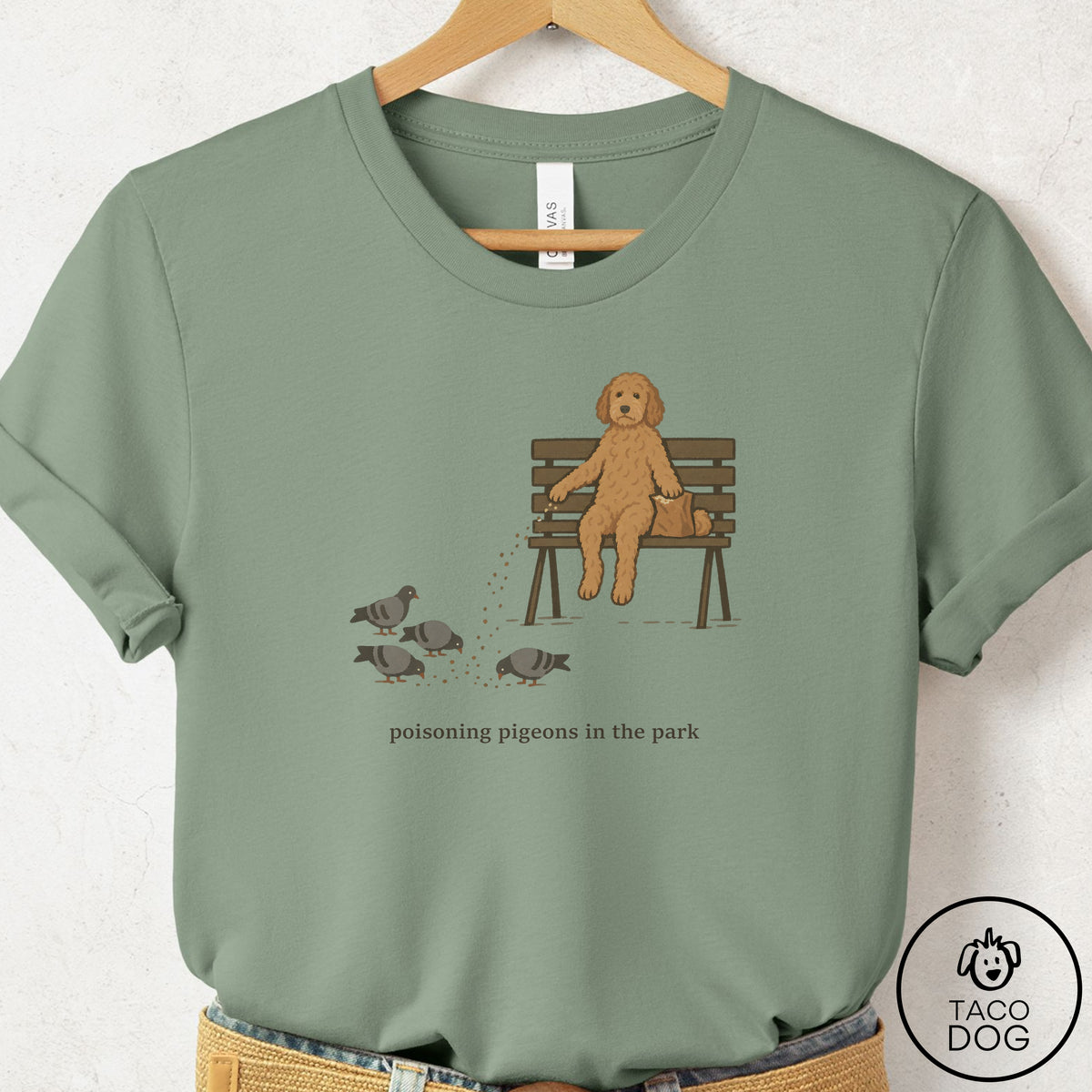 Doodle Pigeons in the Park T-Shirt Sage Taco-Dog