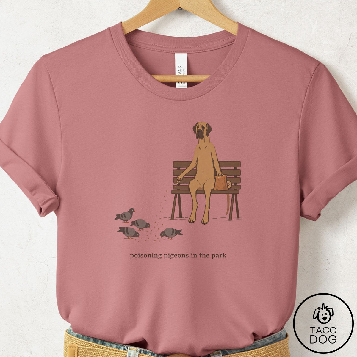 Great Dane Pigeons in the Park T-Shirt Mauve Taco-Dog