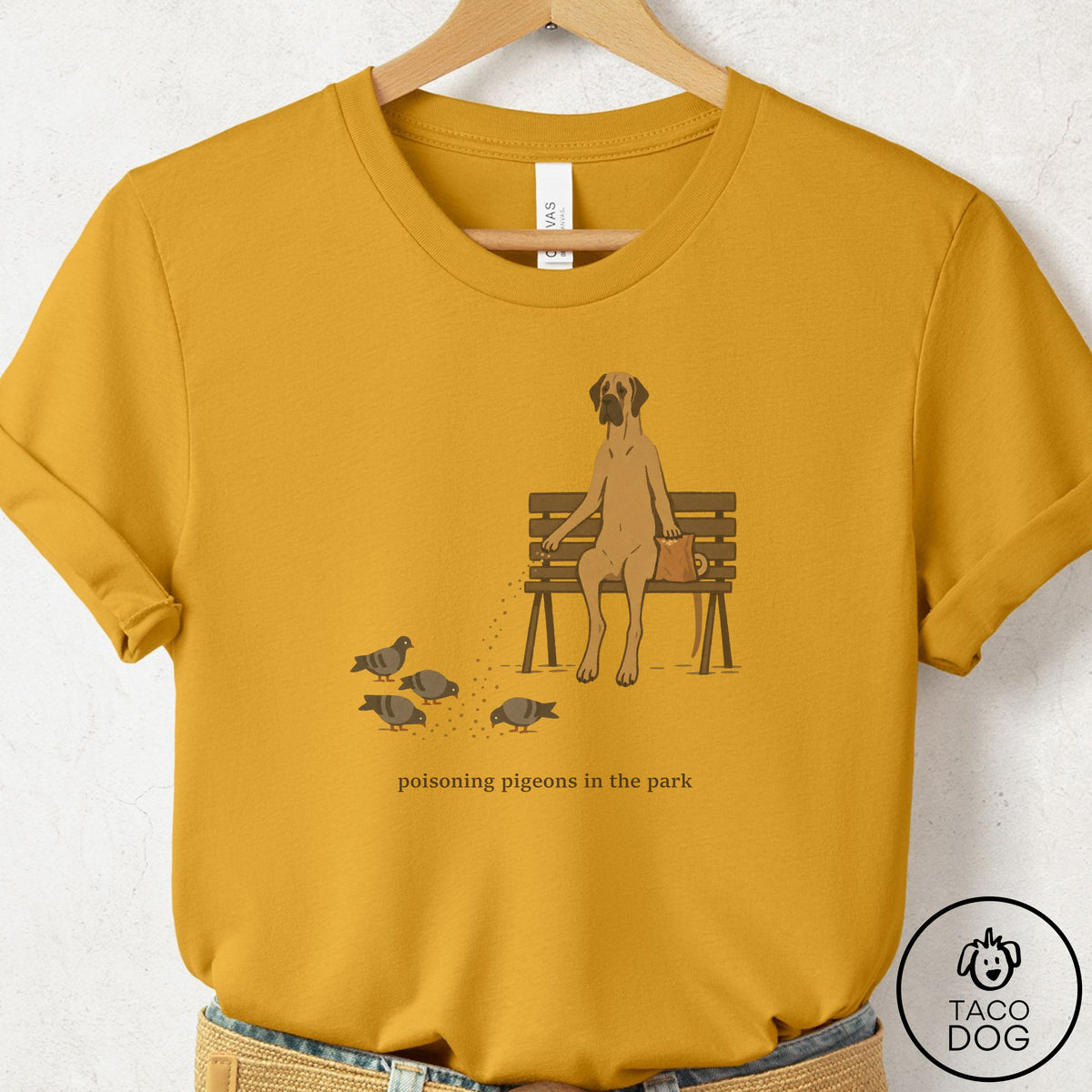 Great Dane Pigeons in the Park T-Shirt Mustard Taco-Dog