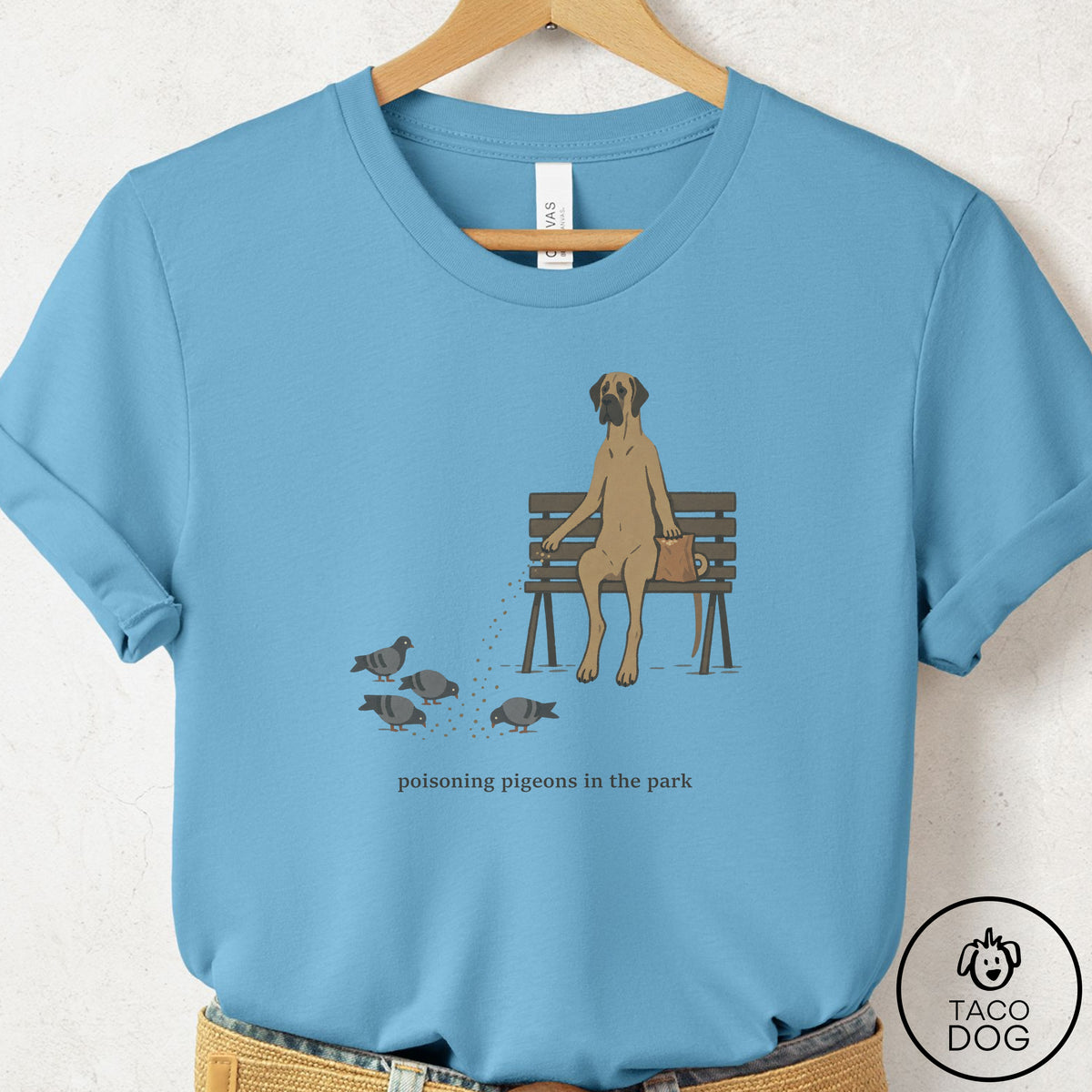 Great Dane Pigeons in the Park T-Shirt, design close-up