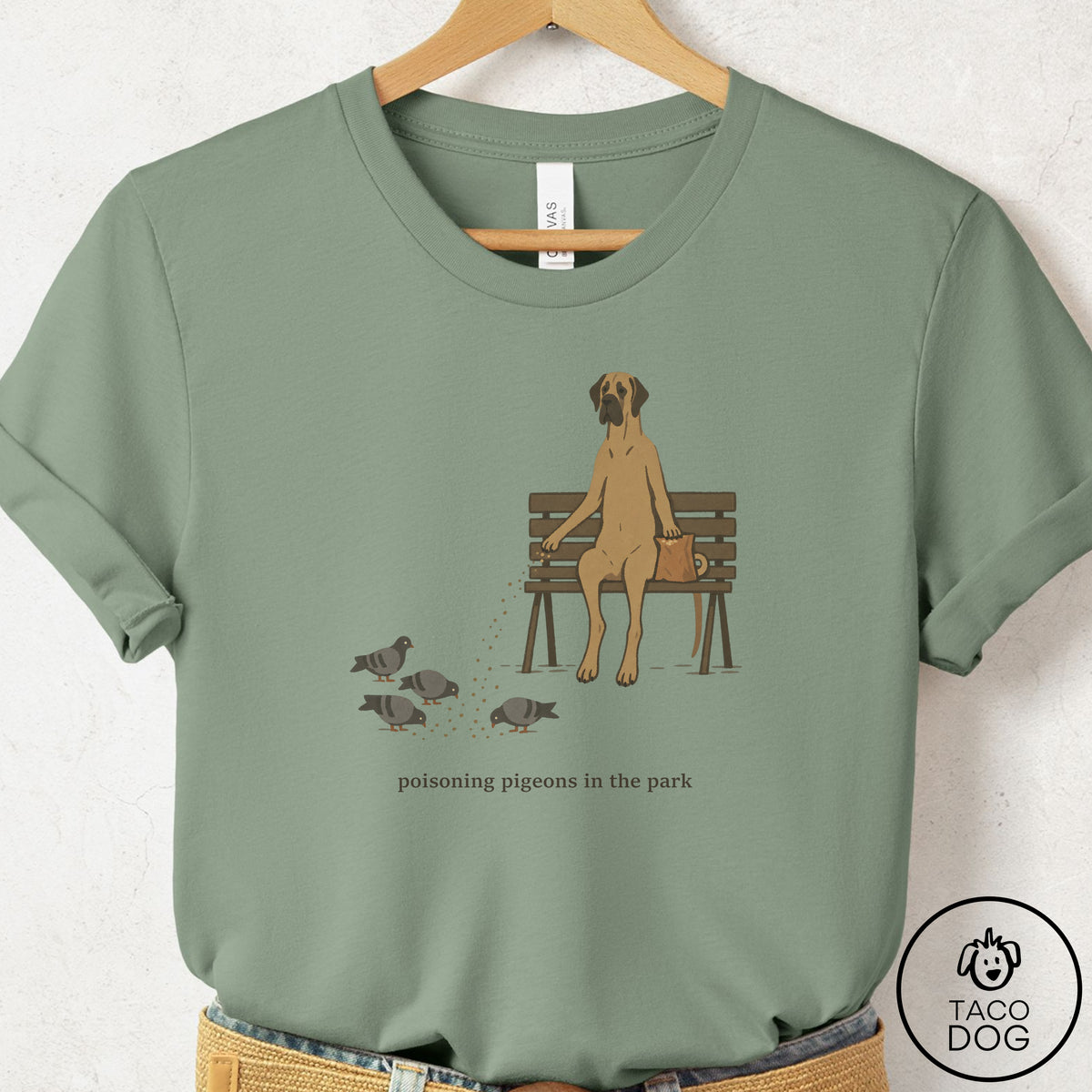 Great Dane Pigeons in the Park T-Shirt Sage Taco-Dog