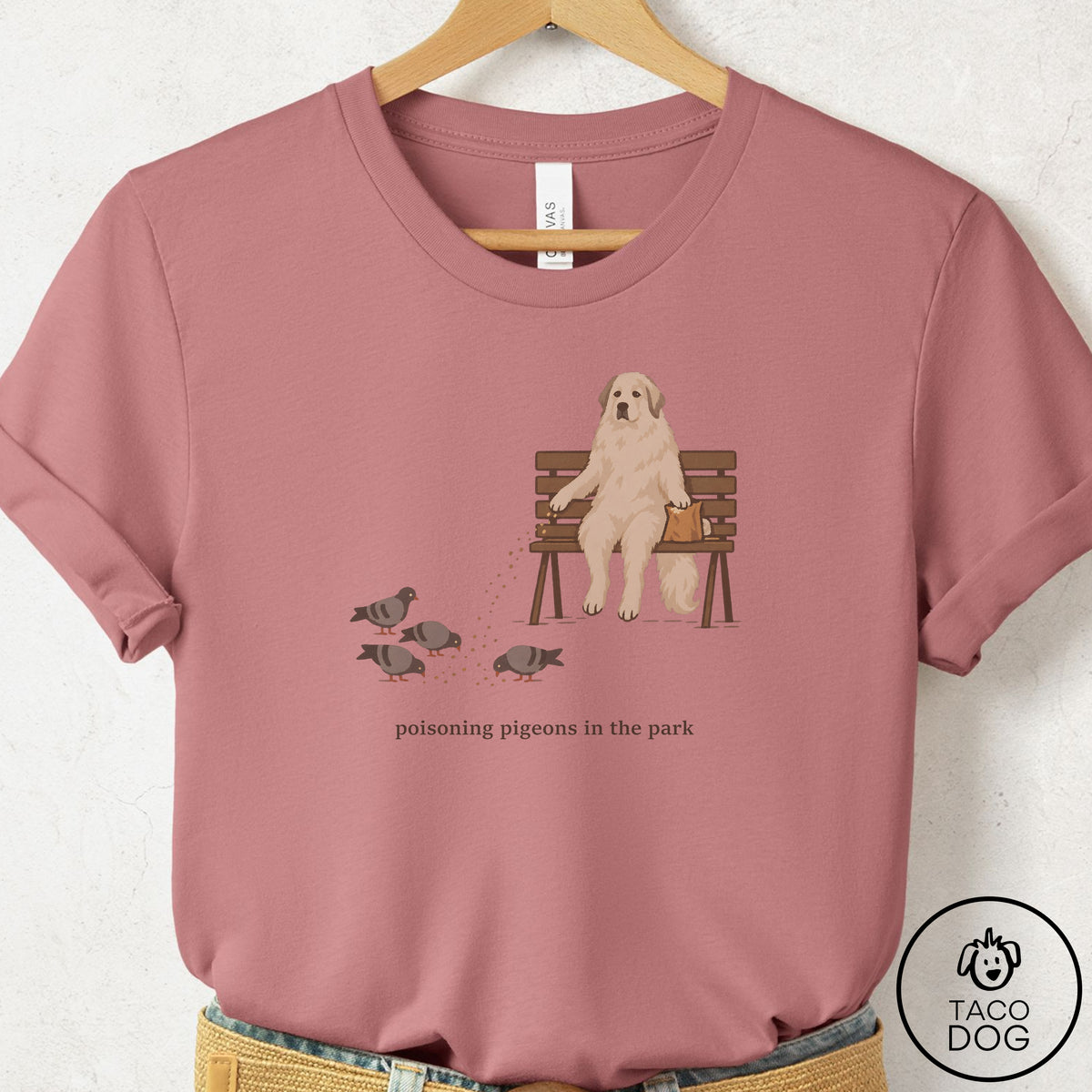 Great Pyrenees Pigeons in the Park T-Shirt Mauve Taco-Dog
