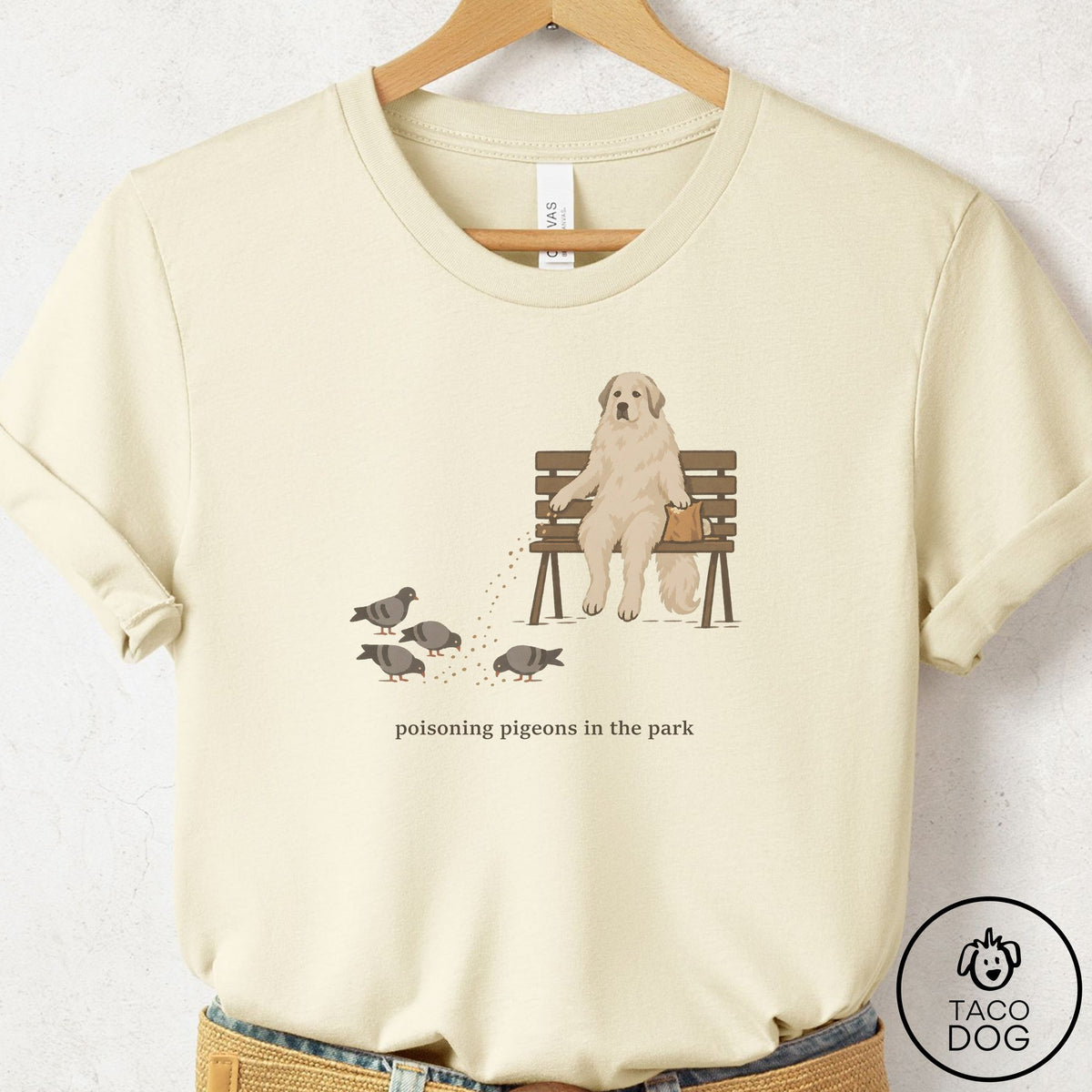Great Pyrenees Pigeons in the Park T-Shirt Natural Taco-Dog