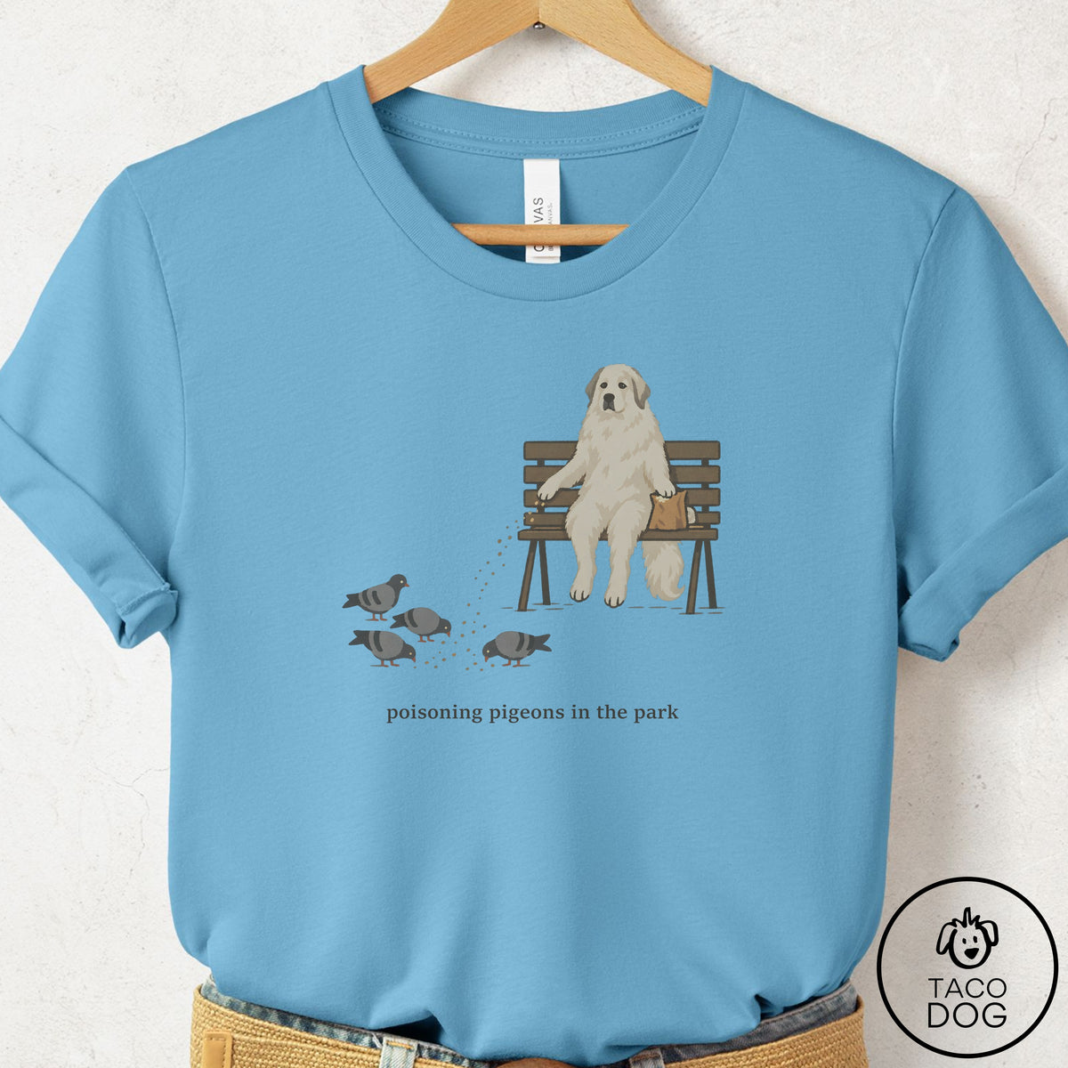 Great Pyrenees Pigeons in the Park T-Shirt Ocean Blue Taco-Dog