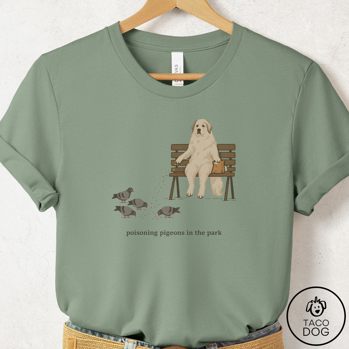 Great Pyrenees Pigeons in the Park T-Shirt Sage Taco-Dog