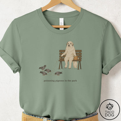Great Pyrenees Pigeons in the Park T-Shirt Sage Taco-Dog