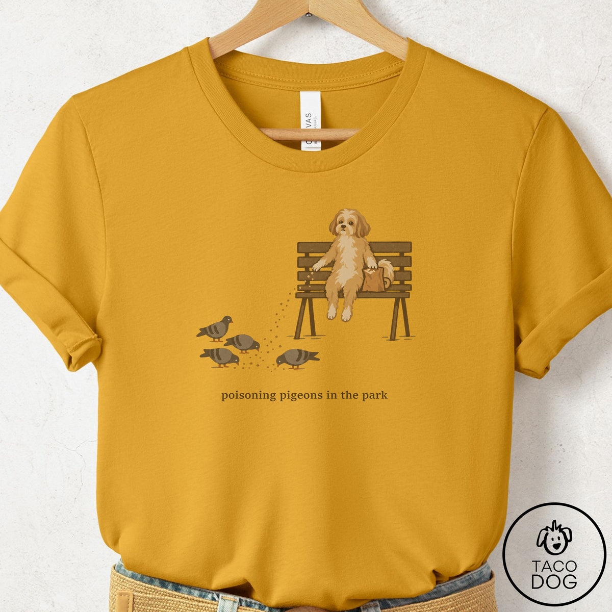 Havanese Pigeons in the Park T-Shirt Mustard Taco-Dog