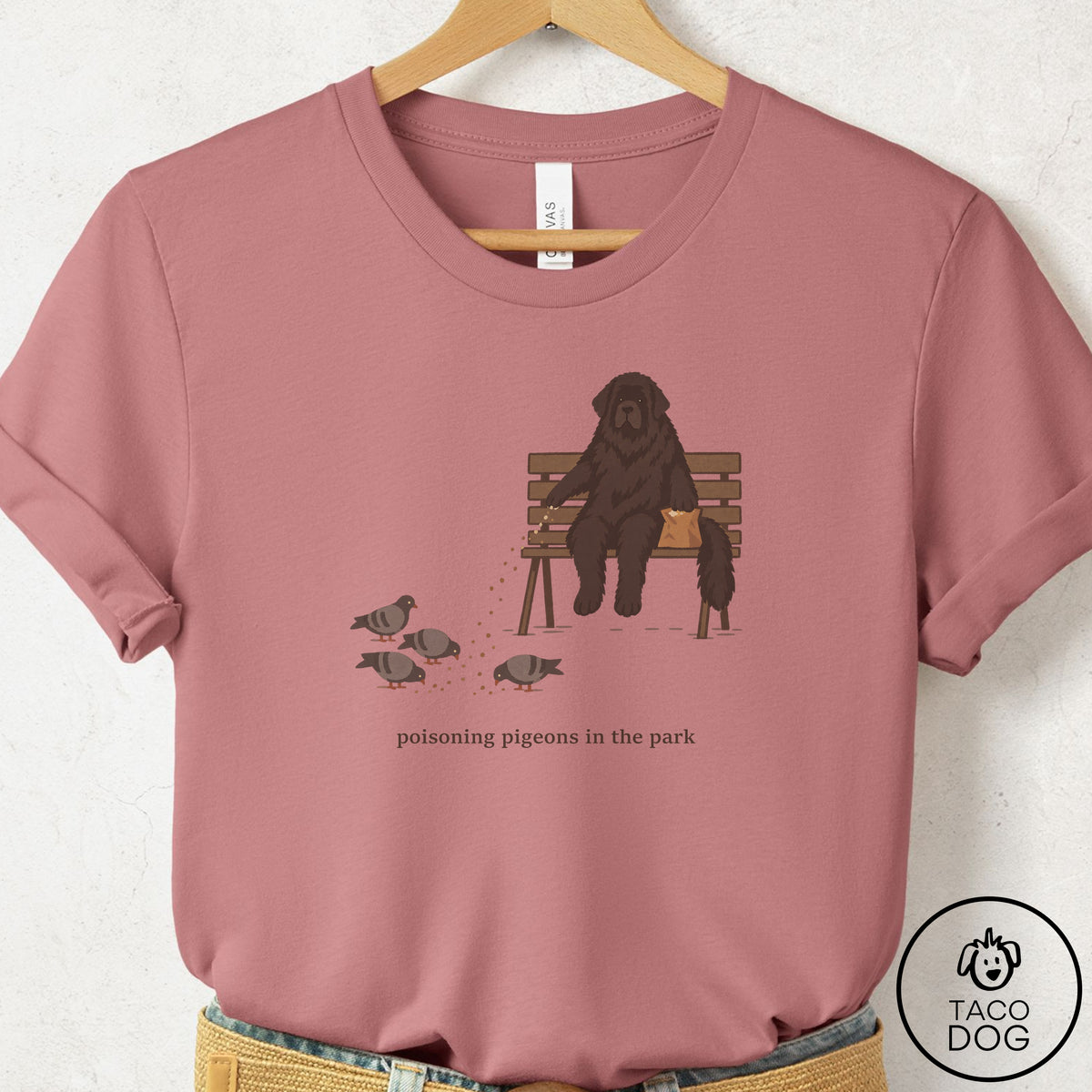 Newfoundland Pigeons in the Park T-Shirt Mauve Taco-Dog