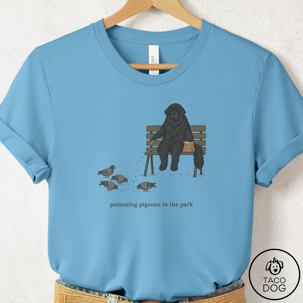 Newfoundland Pigeons in the Park T-Shirt Ocean Blue Taco-Dog