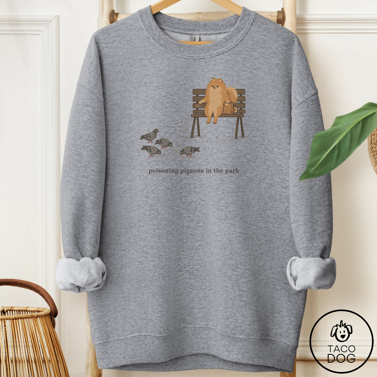Pomeranian Pigeons in the Park Sweatshirt Graphite Heather Taco-Dog