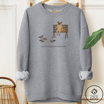 Pug Pigeons in the Park Sweatshirt Graphite Heather Taco-Dog
