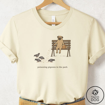 Pug Pigeons in the Park T-Shirt Natural Taco-Dog
