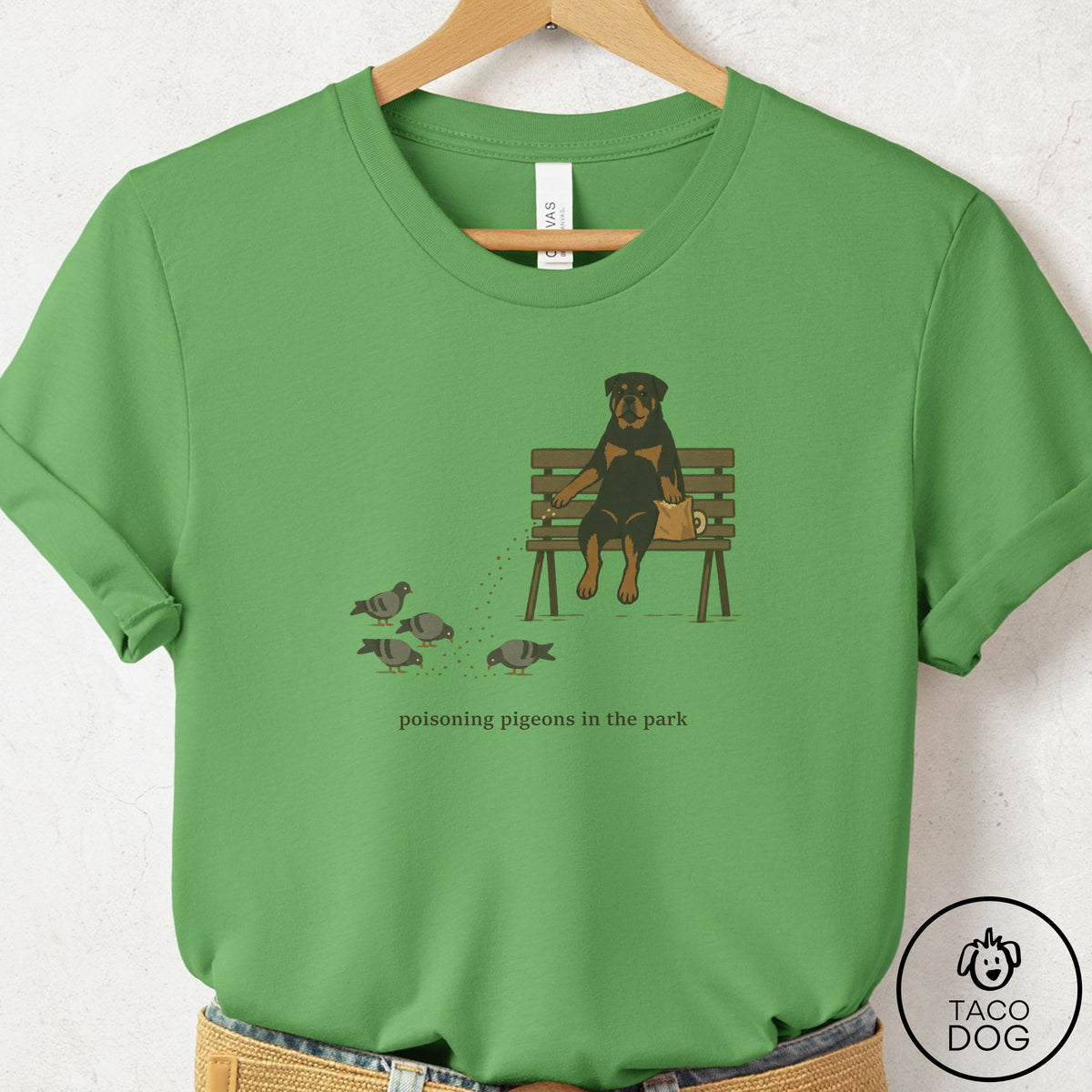 Rottweiler Pigeons in the Park T-Shirt Leaf Taco-Dog