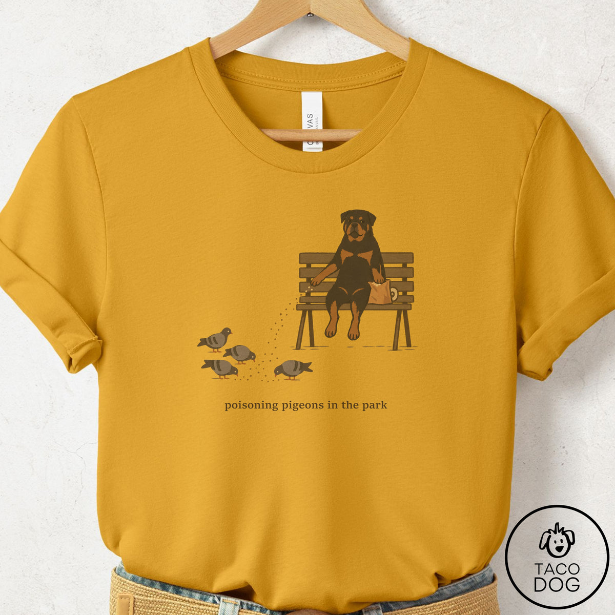 Rottweiler Pigeons in the Park T-Shirt Mustard Taco-Dog