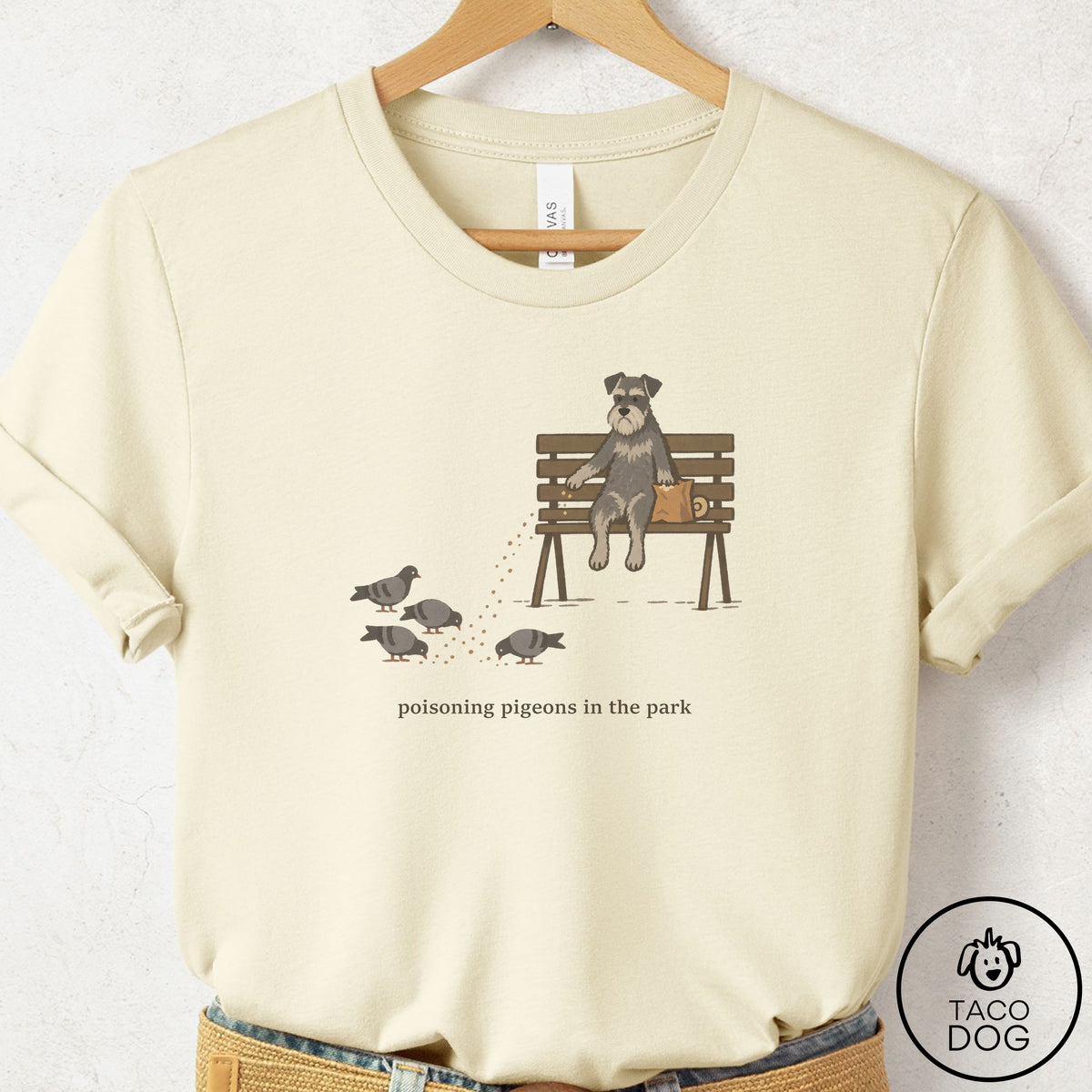 Schnauzer Pigeons in the Park T-Shirt Natural Taco-Dog