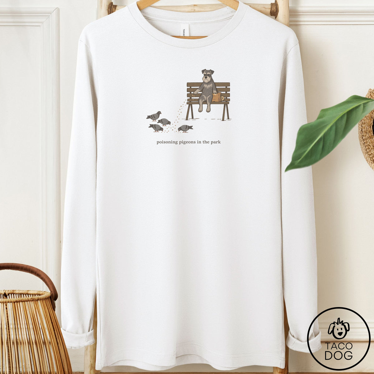 Schnauzer Pigeons in the Park Long Sleeve Tee White Taco-Dog