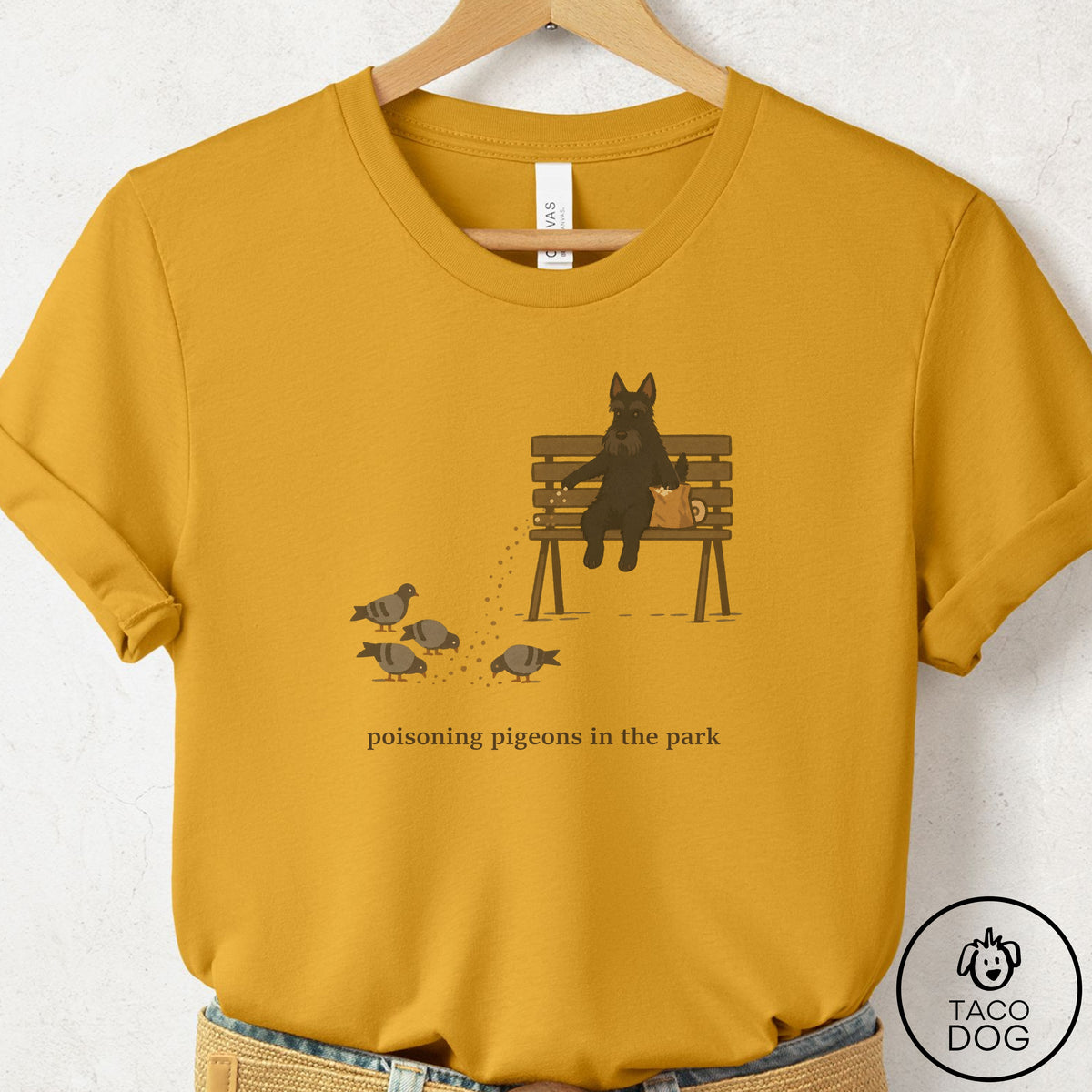 Scottie Pigeons in the Park T-Shirt Mustard Taco-Dog