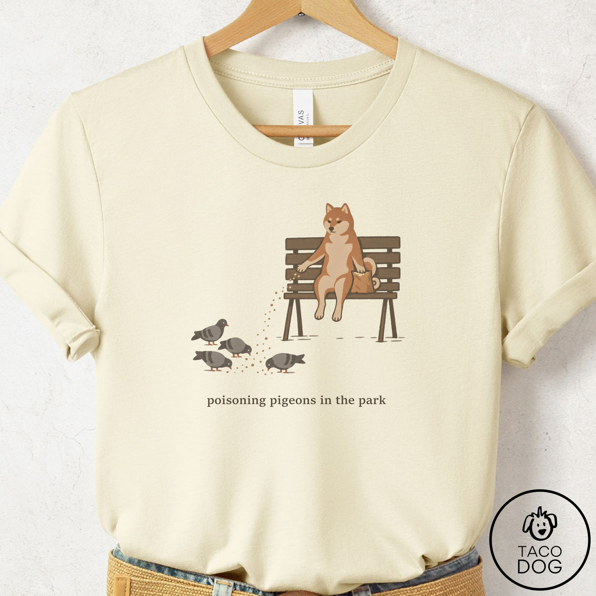 Shiba Inu Pigeons in the Park T-Shirt Natural Taco-Dog
