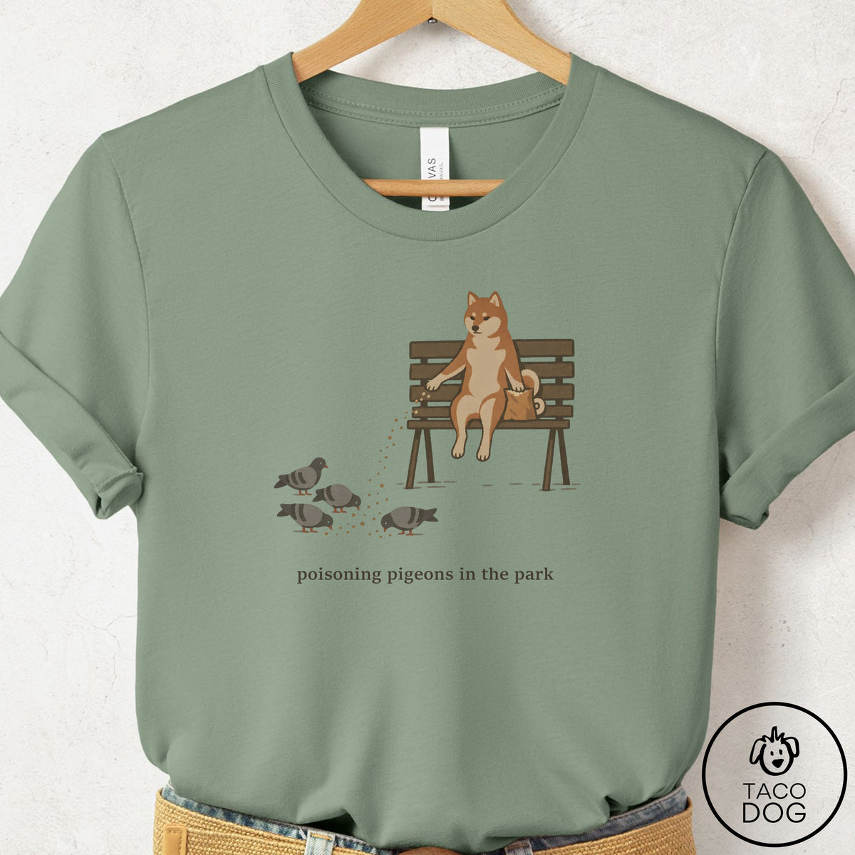 Shiba Inu Pigeons in the Park T-Shirt Sage Taco-Dog