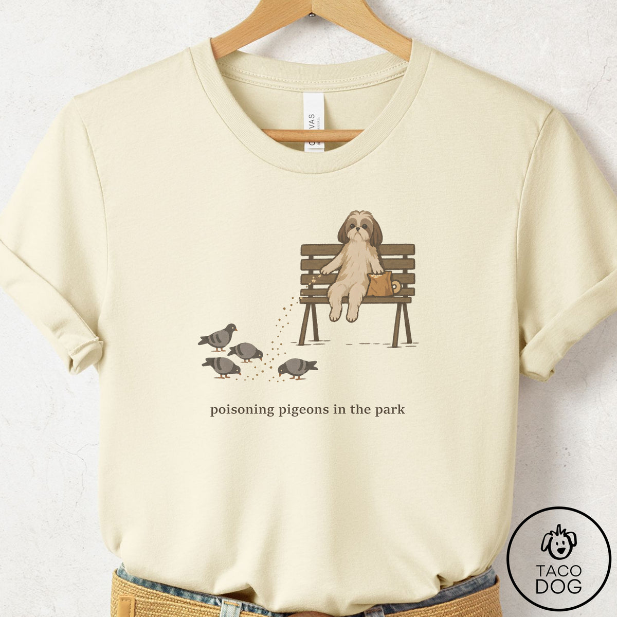 Shih Tzu Pigeons in the Park T-Shirt Natural Taco-Dog