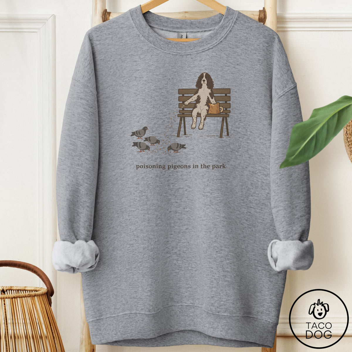 Springer Spaniel Pigeons in the Park Sweatshirt Graphite Heather Taco-Dog