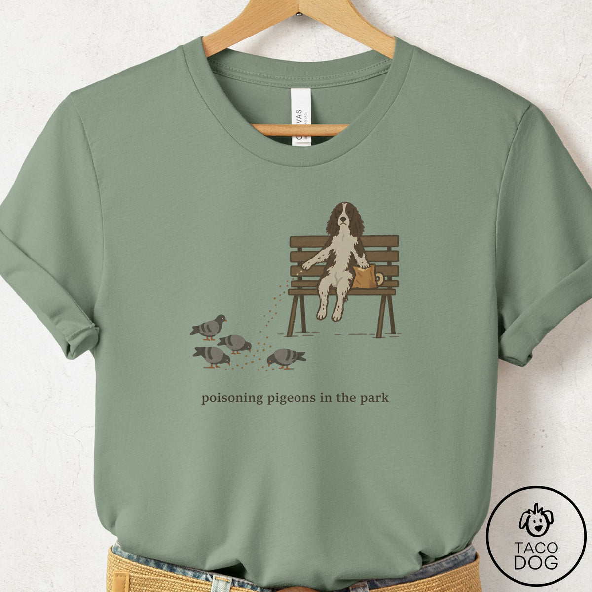 Springer Spaniel Pigeons in the Park T-Shirt Sage Taco-Dog