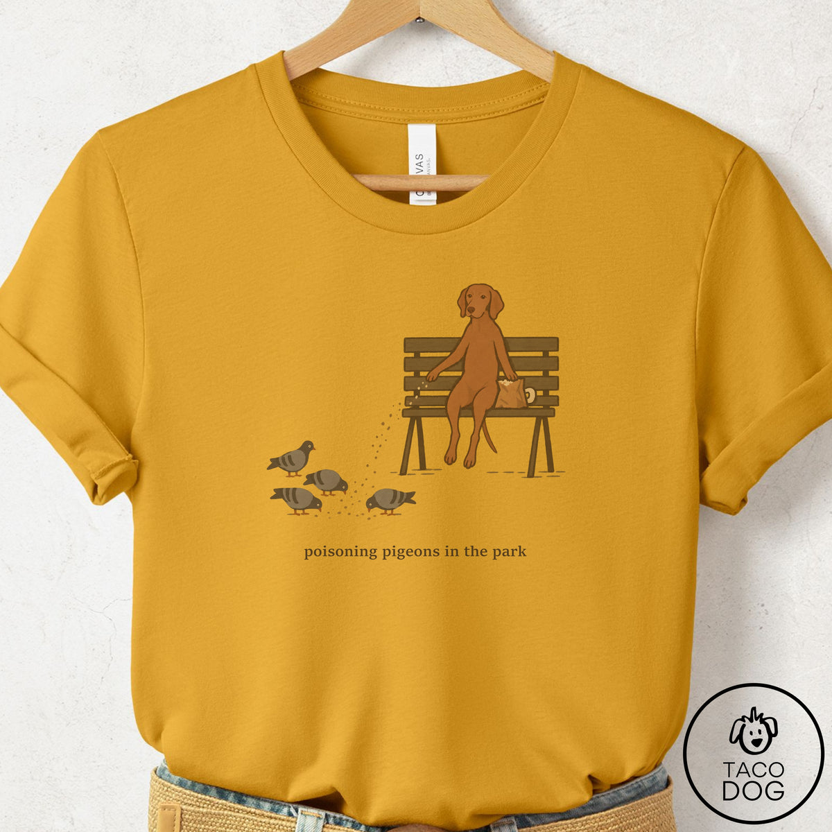 Vizsla Pigeons in the Park T-Shirt Mustard Taco-Dog