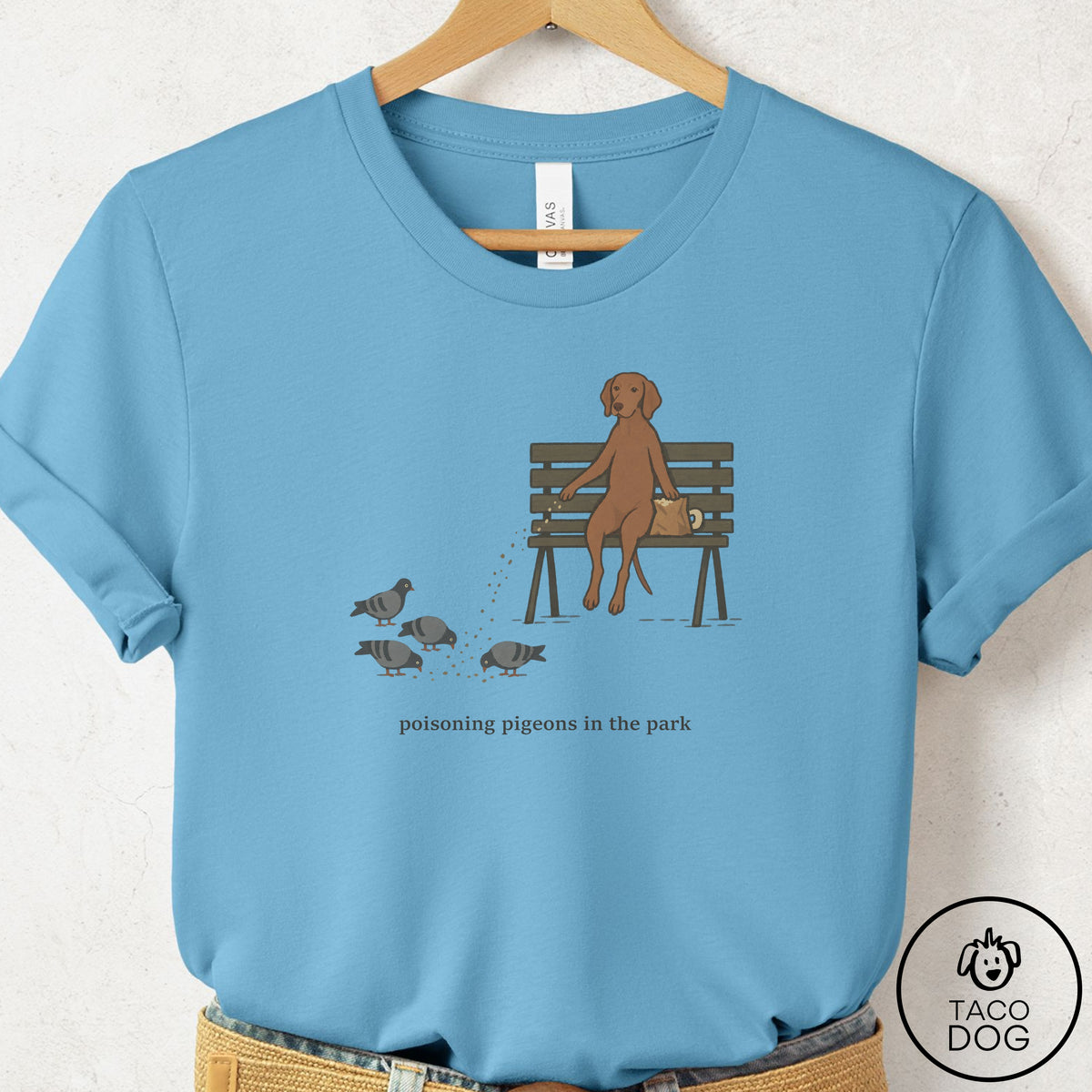 Vizsla Pigeons in the Park T-Shirt Ocean Blue Taco-Dog