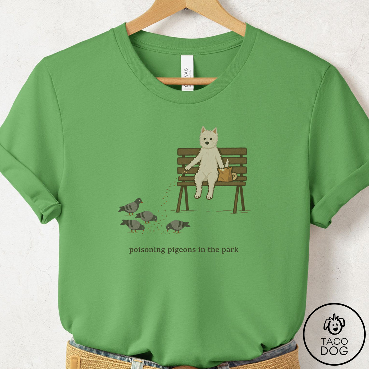 Westie Pigeons in the Park T-Shirt Leaf Taco-Dog