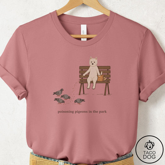 Westie Pigeons in the Park T-Shirt Mauve Taco-Dog