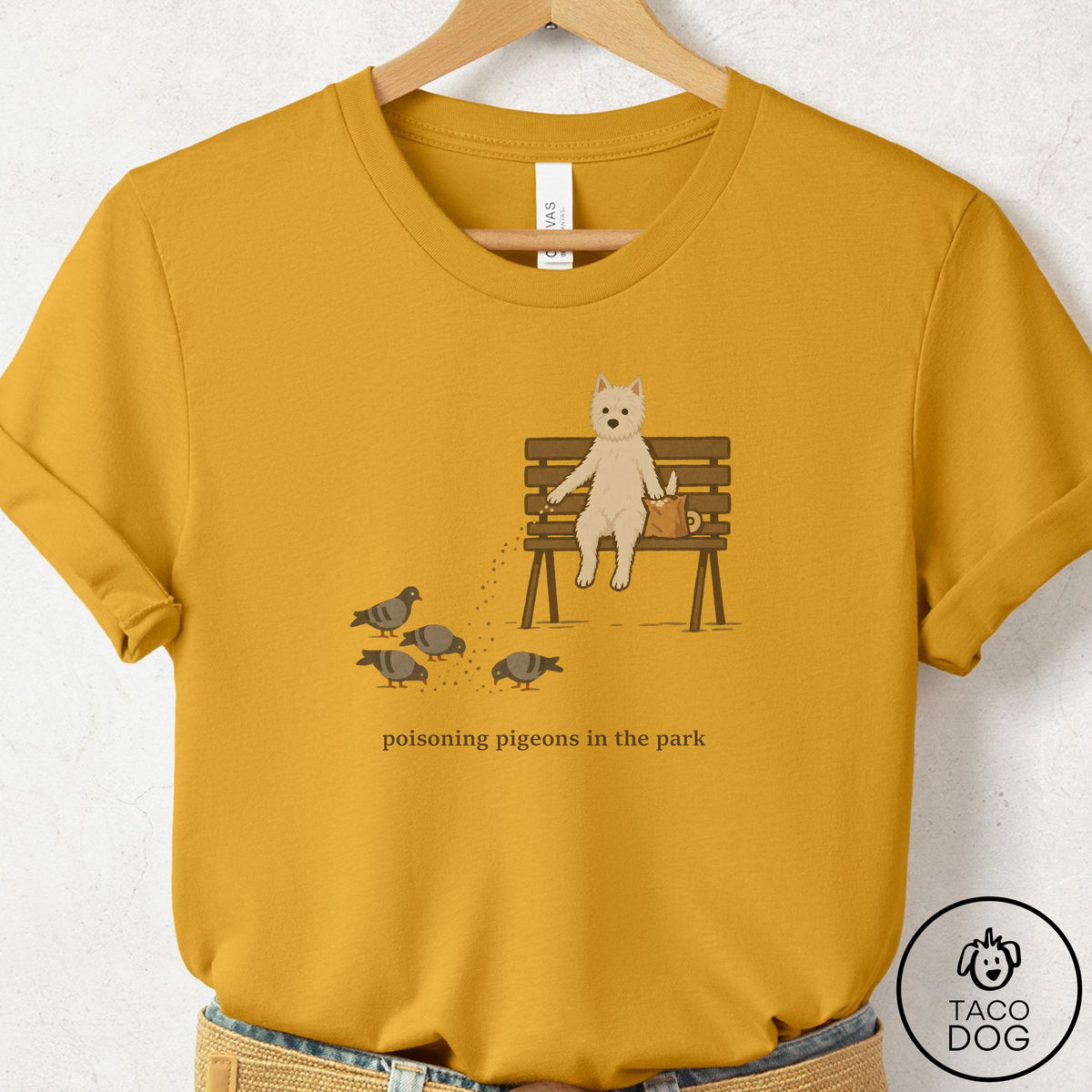 Westie Pigeons in the Park T-Shirt Mustard Taco-Dog
