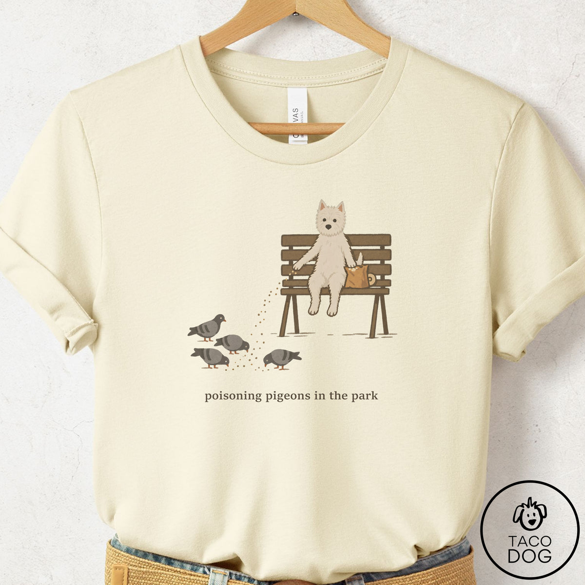 Westie Pigeons in the Park T-Shirt Natural Taco-Dog