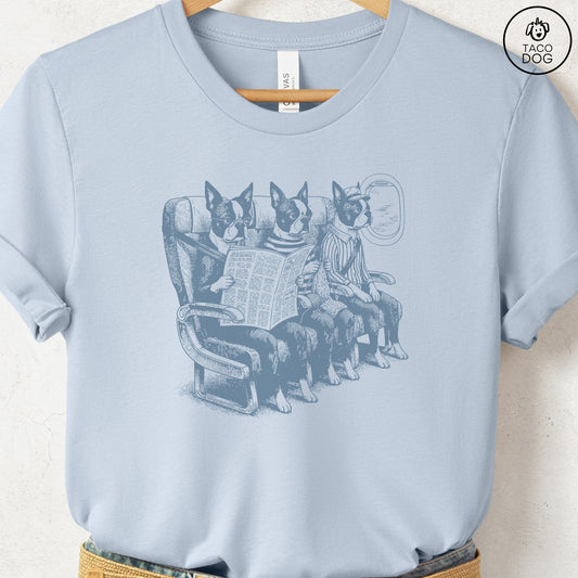 Boston Terrier Departures T-Shirt Light Blue S Taco-Dog