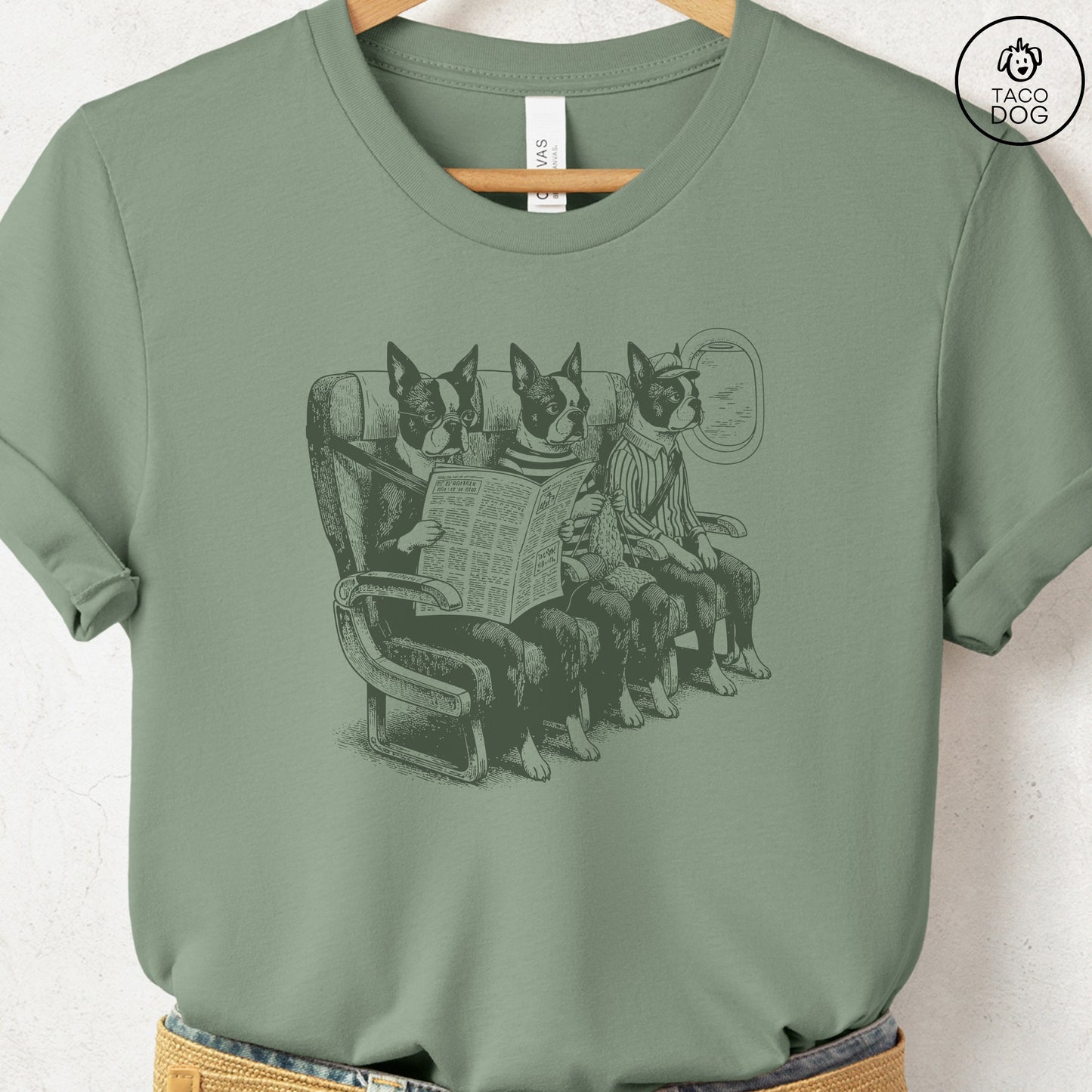 Boston Terrier Departures T-Shirt Sage S Taco-Dog
