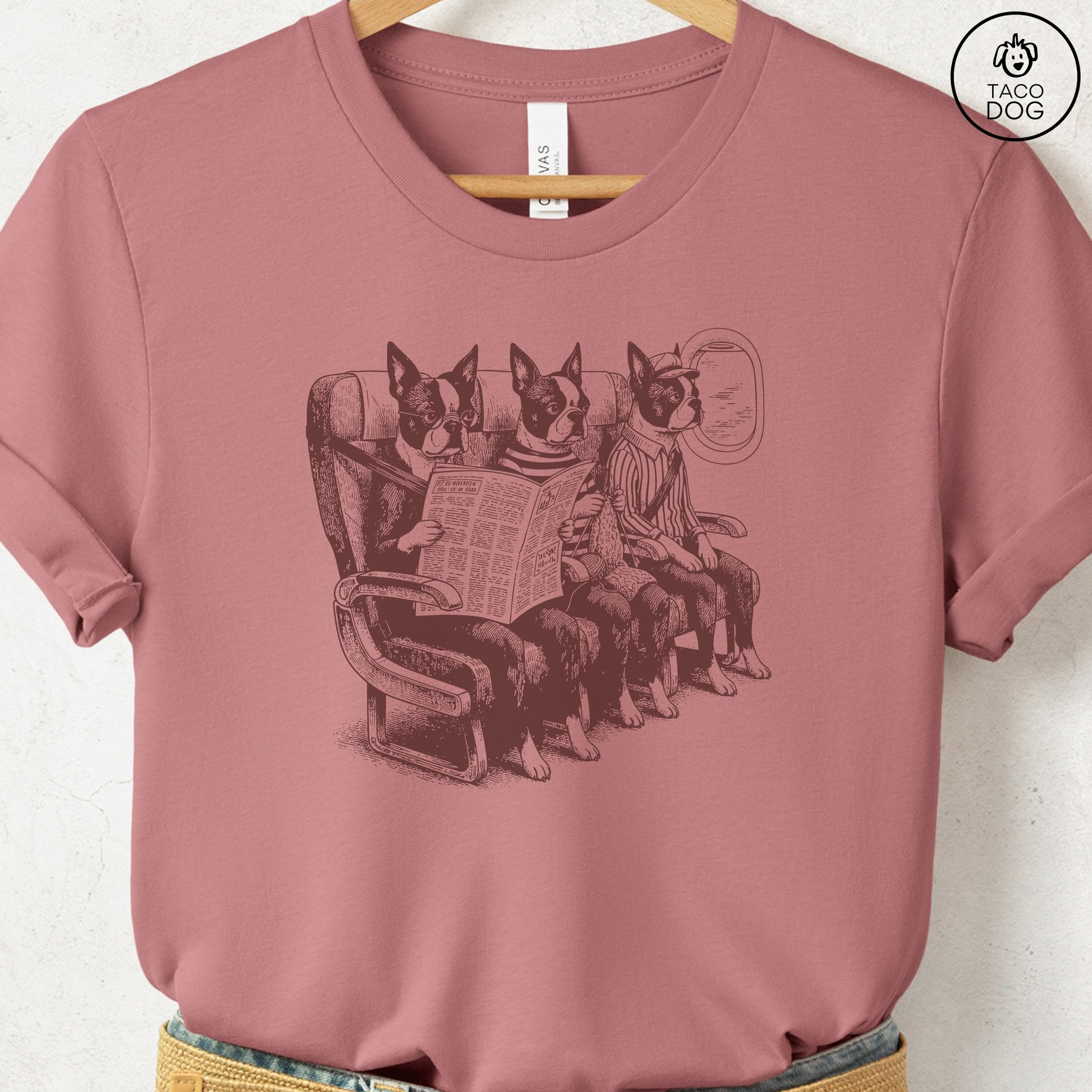 Boston Terrier Departures T-Shirt Heather Mauve S Taco-Dog