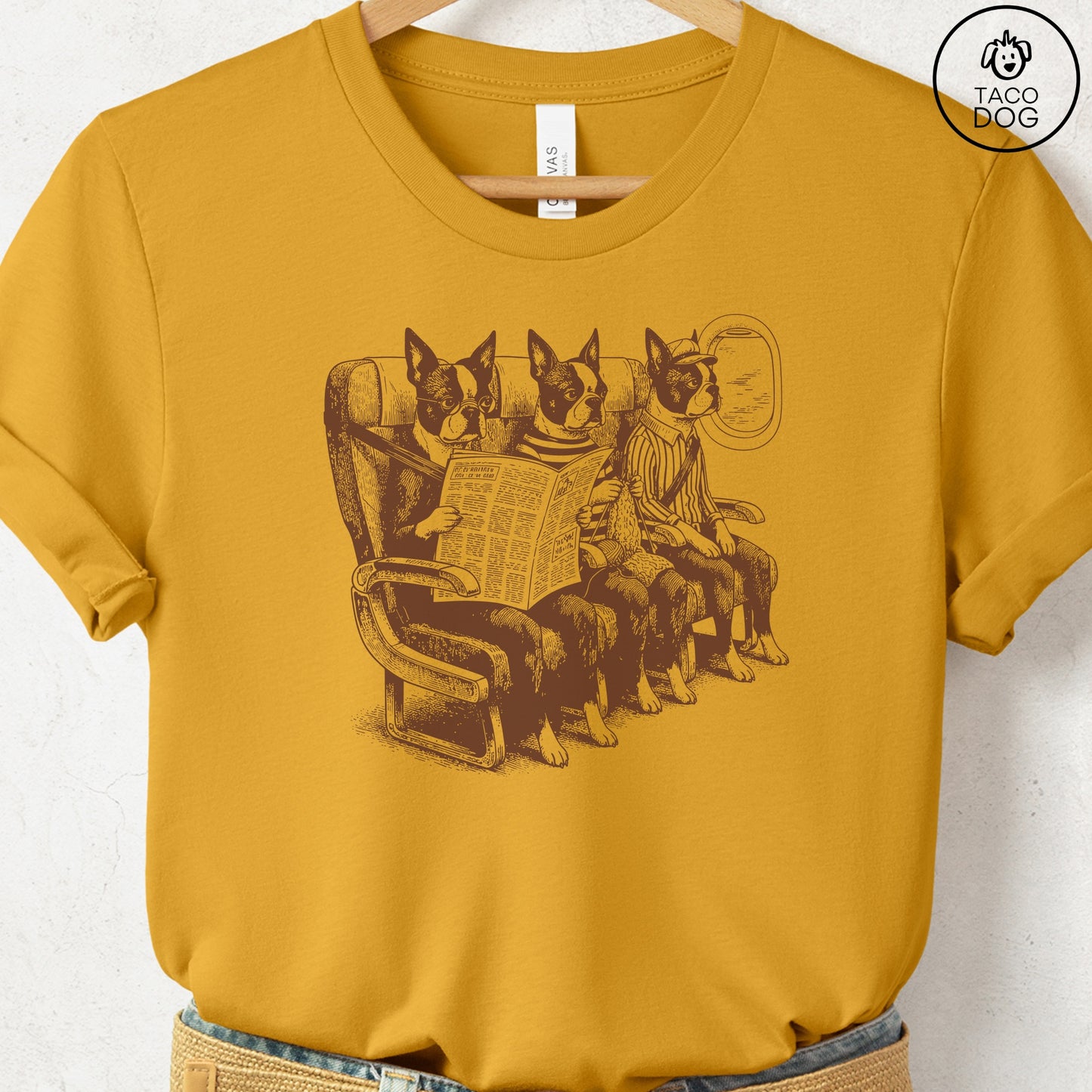 Boston Terrier Departures T-Shirt Mustard S Taco-Dog