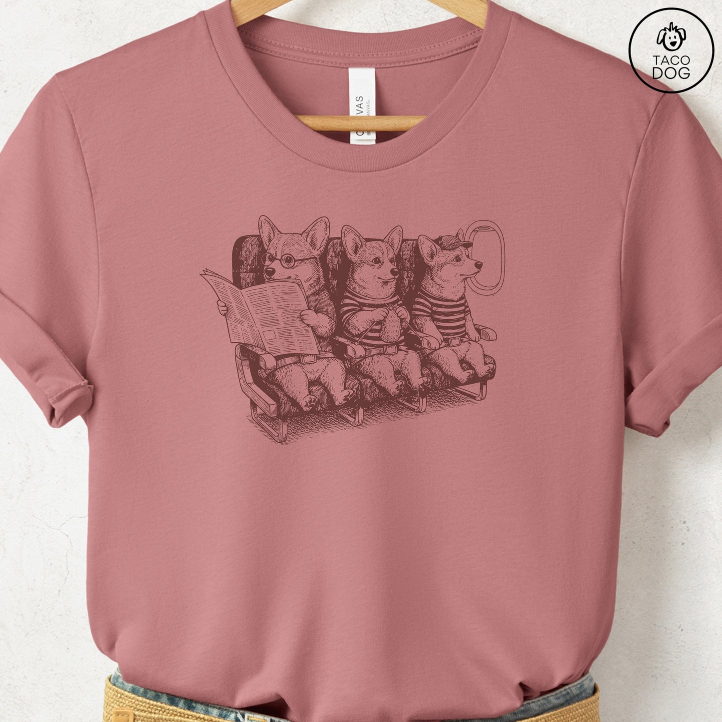 Corgi Departures T-Shirt Heather Mauve S Taco-Dog